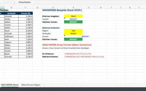 Excel-Tabelle mit Verkaufsdaten. Zeigt Beispiele für MAXWENN-Formeln, um den höchsten Umsatz nach Region und Verkäufer zu finden.