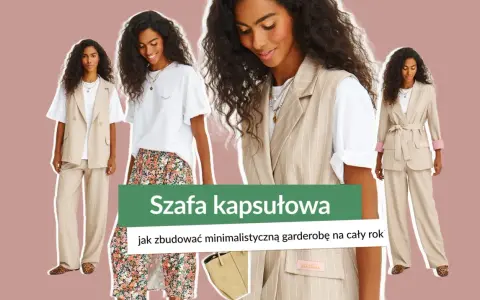 Szafa kapsułowa: minimalistyczna garderoba na cały rok. Modelka prezentuje beżowy garnitur w paski, kamizelkę i sukienkę.