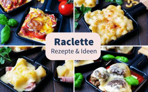 Vier kleine Pfännchen mit geschmolzenem Käse, Pizza, Fleischbällchen und Schinken-Ananas-Kombinationen. Tolle Raclette Ideen für jeden Geschmack!