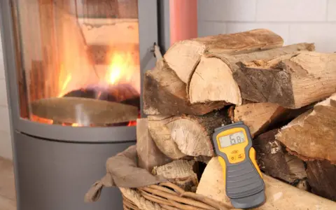 Poêle avec feu, bois de chauffage et humidimètre affichant 6.8%.