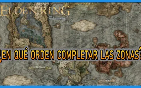 Mapa de Elden Ring con la pregunta "¿En qué orden completar las zonas?". Se ven Limgrave, Liurnia y Caelid.