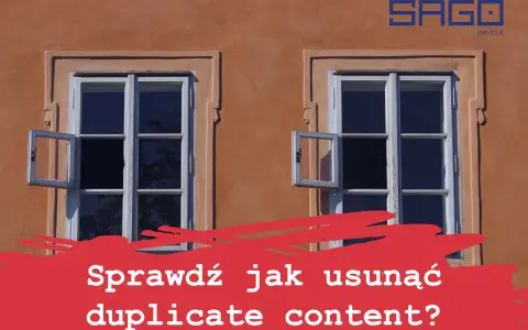 Dwa okna, jedno uchylone, na pomarańczowej ścianie. Napis: "Sprawdź jak usunąć duplicate content?".