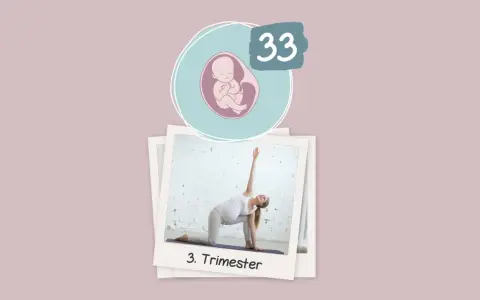 Schwangerschaftswoche 33: Eine schwangere Frau in Yoga-Pose im 3. Trimester.