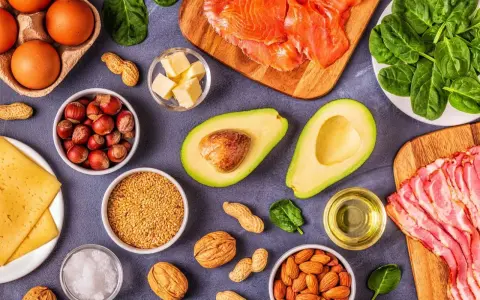 Składniki diety keto: jajka, łosoś, awokado, orzechy, masło, olej, szpinak. Zdrowa dieta keto a wątroba.