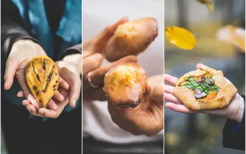 Trois gourmandises : un pain aux pépites de chocolat, des madeleines glacées et une galette salée aux champignons. Des produits typiquement parisiens à savourer.