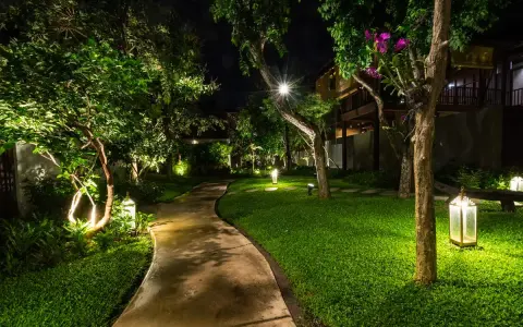 Un chemin sinueux traverse un jardin luxuriant illuminé par des lumières LED, créant une ambiance magique. La couleur LED met en valeur la végétation et l'architecture.