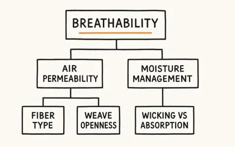 Flowchart explaining breathability in fabrics, detailing air permeability (fiber type, weave openness) and moisture management (wicking vs. absorption).