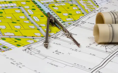 Plan zagospodarowania przestrzennego z zaznaczoną obowiązującą linią zabudowy, cyrkiel i zwoje dokumentacji.