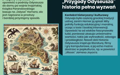Ilustracja do "Przygód Odyseusza" Jana Parandowskiego. Mapa przedstawia mityczne krainy, potwory i statki, nawiązując do Odysei.