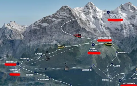 Map showing the scenic route from Wengen to Jungfraujoch, the Top of Europe, with trains and cable cars traversing snowy peaks.