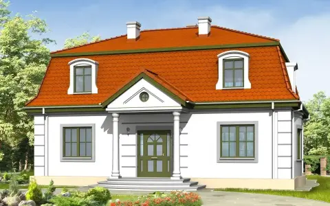 Dom z mansardowym dachem, który jest przykładem tego, co to jest mansarda. Okna dachowe dodają uroku.