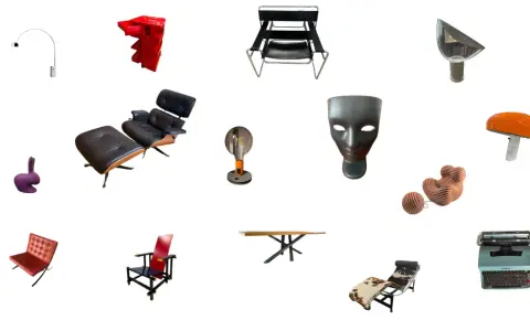 Collezione di iconici oggetti di design famosi: lampada arco, sedia Eames, maschera, poltrona, macchina da scrivere e altro ancora.
