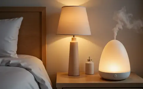 Mesita de noche con lámpara, difusor emitiendo vapor y un pequeño frasco. La humedad del 70% en la habitación crea un ambiente acogedor.