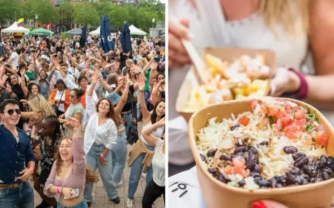 Feiernde Menschen genießen ein lateinamerikanisches Wochenende mit Musik und leckerem Essen. Reis mit schwarzen Bohnen und Salsa in einer Pappschale.