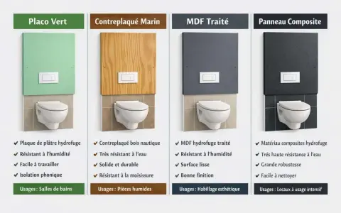 Comparaison de matériaux pour installer un WC suspendu : Placo Vert, Contreplaqué Marin, MDF Traité, Panneau Composite.