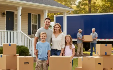 Famille souriante devant sa nouvelle maison, entourée de cartons. Des déménageurs chargent un camion, signe qu'ils sont en train d'organiser leur déménagement.