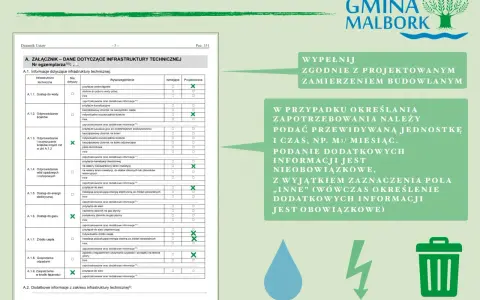 Formularz "wniosek o wymianę dowodu osobistego" z danymi dotyczącymi infrastruktury technicznej.