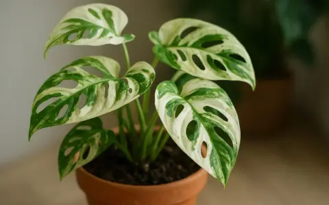 Monstera biala z liśćmi w biało-zielone wzory, z charakterystycznymi dziurami, w terakotowej doniczce.