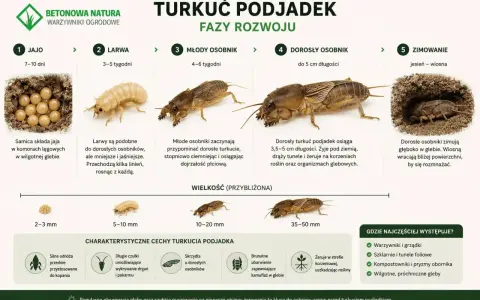 Turkuć podjadek: od jaja do dorosłego osobnika. Dorosły ma 3,5-5 cm, żyje pod ziemią, drąży tunele i żeruje na korzeniach.