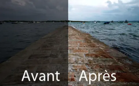 Avant/Après : un quai en pierre sombre et un quai lumineux avec des bateaux. Un exemple de retouche avec GIMP français.