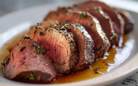 Skivat oxfilé med örter i en mustig sås. Perfekt för ett lyxigt oxfile recept.