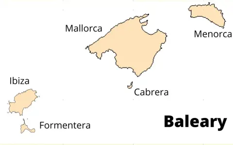 Mapa Balearów z zaznaczonymi wyspami: Majorka, Minorka, Ibiza, Formentera i Cabrera.