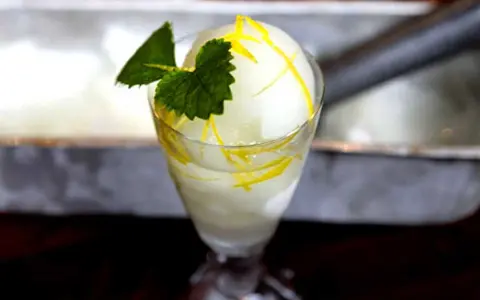 En läcker citronsorbet, perfekt för ett enkelt lubb recept. Garnerad med mynta och citronskal.
