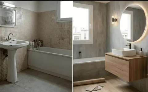 Baño renovado con revestimiento de paredes sin obras. Antes, azulejos viejos; ahora, moderno y elegante.