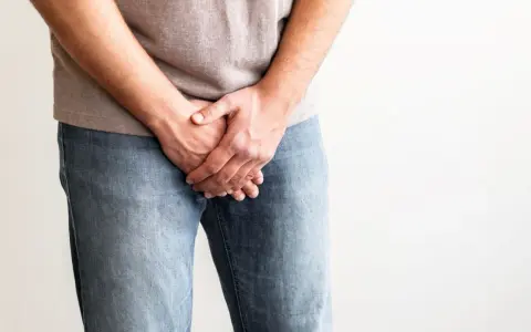 Mężczyzna w dżinsach i t-shircie trzyma ręce na kroczu. Czy zastanawiasz się, jaki antybiotyk na zapalenie jądra jest najlepszy?