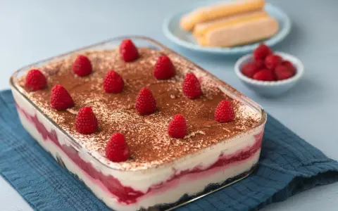 Himbeer Tiramisu mit Joghurt und Mascarpone, dekoriert mit frischen Himbeeren und Kakaopulver. Ein leichter Genuss!