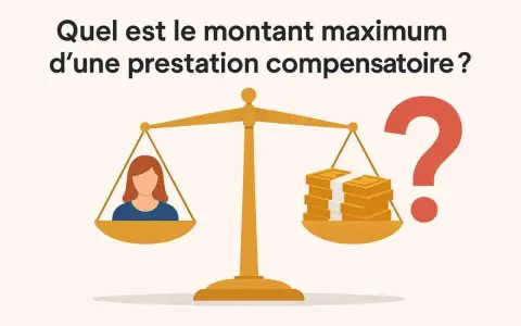 Une balance pèse une personne et des liasses de billets. La question porte sur le montant prestation compensatoire.