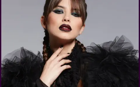 Donna con trucco halloween semplice: labbra scure, occhi smokey blu e trecce. Abito nero con ruches.