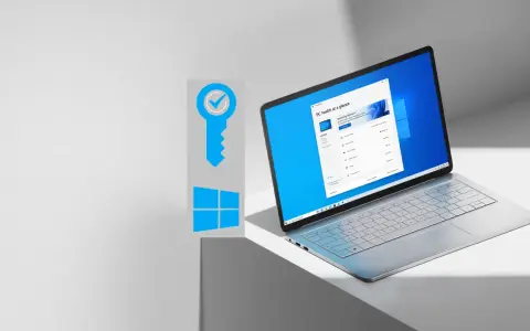 Grafika klucza z symbolem Windows i otwarty laptop z systemem Windows 11.