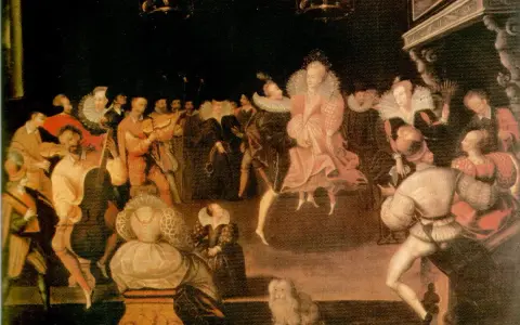 Elżbieta i Tudor bawią się na dworskim balu. Muzycy grają, a goście w barwnych strojach tańczą. Ciekawostki z epoki Tudorów.