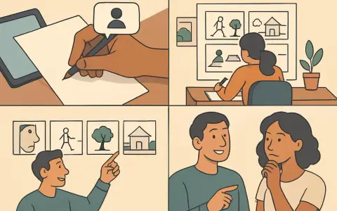Un uomo e una donna discutono, mentre un altro uomo indica delle immagini. Il reportage significato è nel processo di raccolta e presentazione di informazioni.