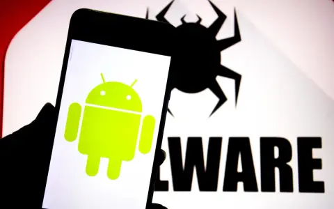 Android-Logo auf einem Smartphone, daneben ein stilisiertes Käfer-Symbol und das Wort "MALWARE".
