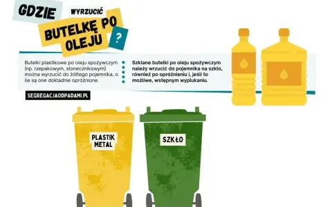 Plastikowe butelki po oleju do żółtego pojemnika, szklane do zielonego. Pamiętaj o opróżnieniu i ewentualnym wypłukaniu. Gdzie wyrzucić butelkę po oleju?