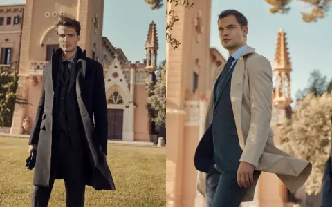 Hombres elegantes con abrigos largos, como gabardinas y abrigos de lana, posan frente a una mansión.