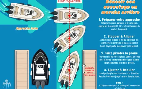 Illustration montrant comment tracer itinéraire bateau pour un accostage en marche arrière, avec des étapes claires.