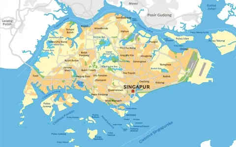 Mapa pokazuje, gdzie leży Singapur, otoczony przez Malezję i Indonezję, z licznymi wyspami i cieśninami.