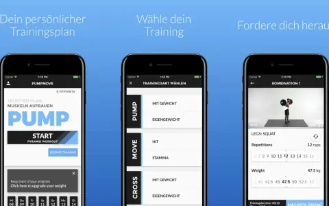 Fitness-App mit Trainingsplänen und Übungsauswahl. Für eine gute app store optimization sind solche Screenshots wichtig.