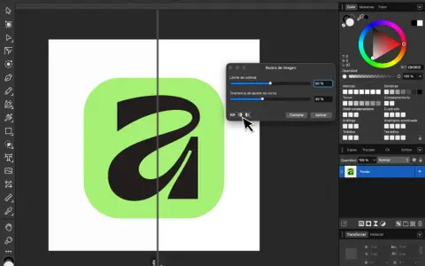 Interfaz de software de diseño gráfico, con un logo "a" en formato vector y opciones de ajuste de imagen.