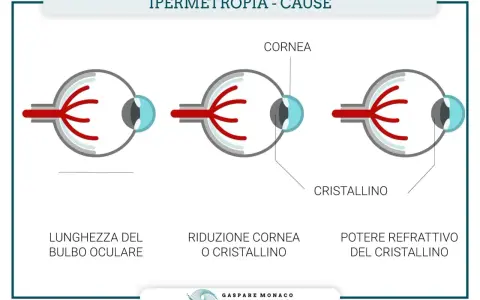 Illustrazione delle cause dell'ipermetropia: bulbo oculare corto, cornea o cristallino ridotti, o potere refrattivo del cristallino.