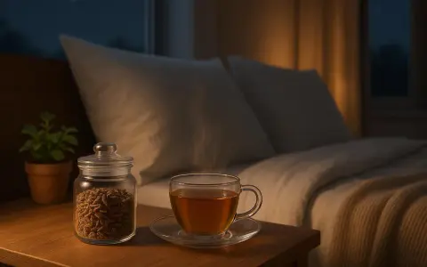 Une tasse de thé fumant et un pot de la valériane sur une table de chevet, près d'un lit douillet.