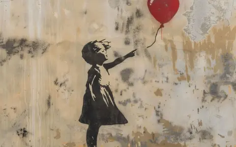 Girl reaching for a red heart balloon, a poignant scene from Banksy's most expensive art, "Girl with Balloon.