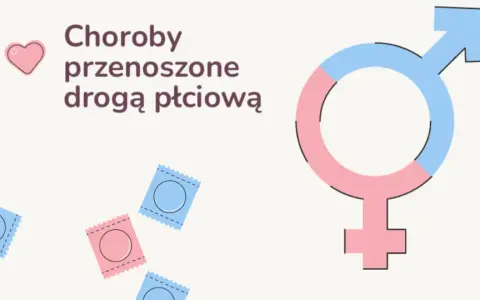 Czy prezerwatywa chroni przed chorobami wenerycznymi? Grafika przedstawia serduszka, opakowania prezerwatyw i symbole płci, sugerując temat zdrowia seksualnego.