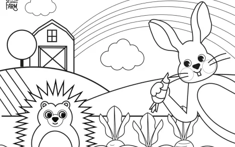 Un conejo y un erizo disfrutan de la primavera en la granja, con zanahorias y un arcoíris. ¡Perfecto para colorear animales de primavera!