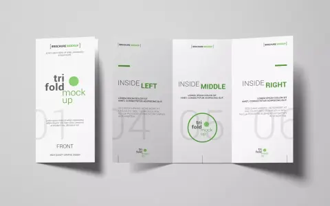 Mockup de un tríptico abierto, mostrando las secciones "Front", "Inside Left", "Inside Middle" e "Inside Right".