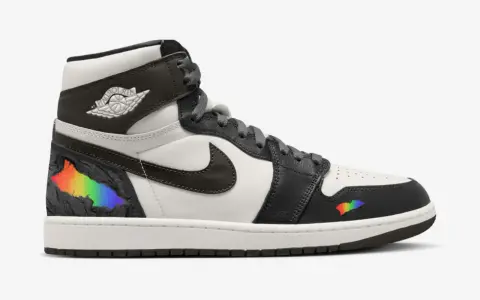 Der erste Air Jordan High mit Regenbogen-Akzenten, die wie ein Riss in der schwarzen Oberfläche wirken.