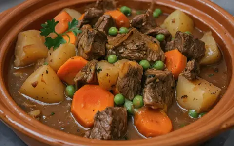 Un reconfortante plato de carne guisada con trozos de ternera tierna, patatas, zanahorias y guisantes en una rica salsa.